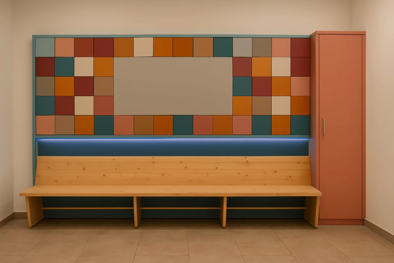 Wall fitting with integrated bench for a business interior: amenagement banquette 1