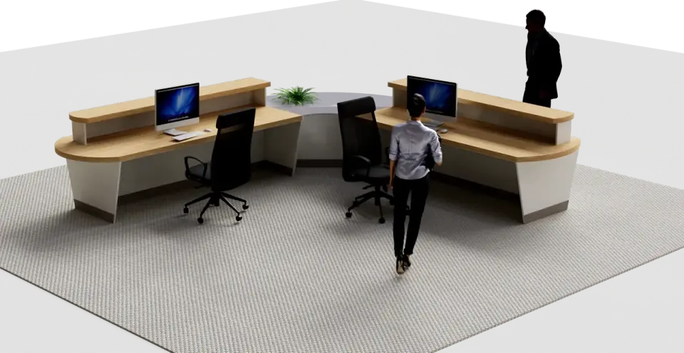 Photorealistic reception desk rendering created with Aleker