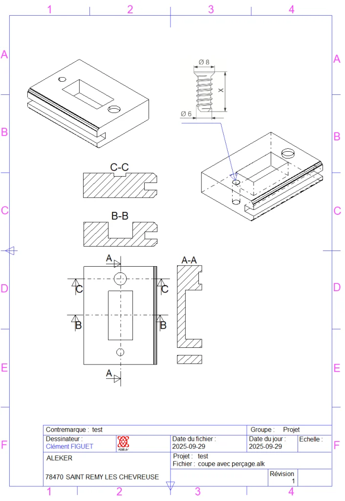 Section of a 3D object with routing and drilling