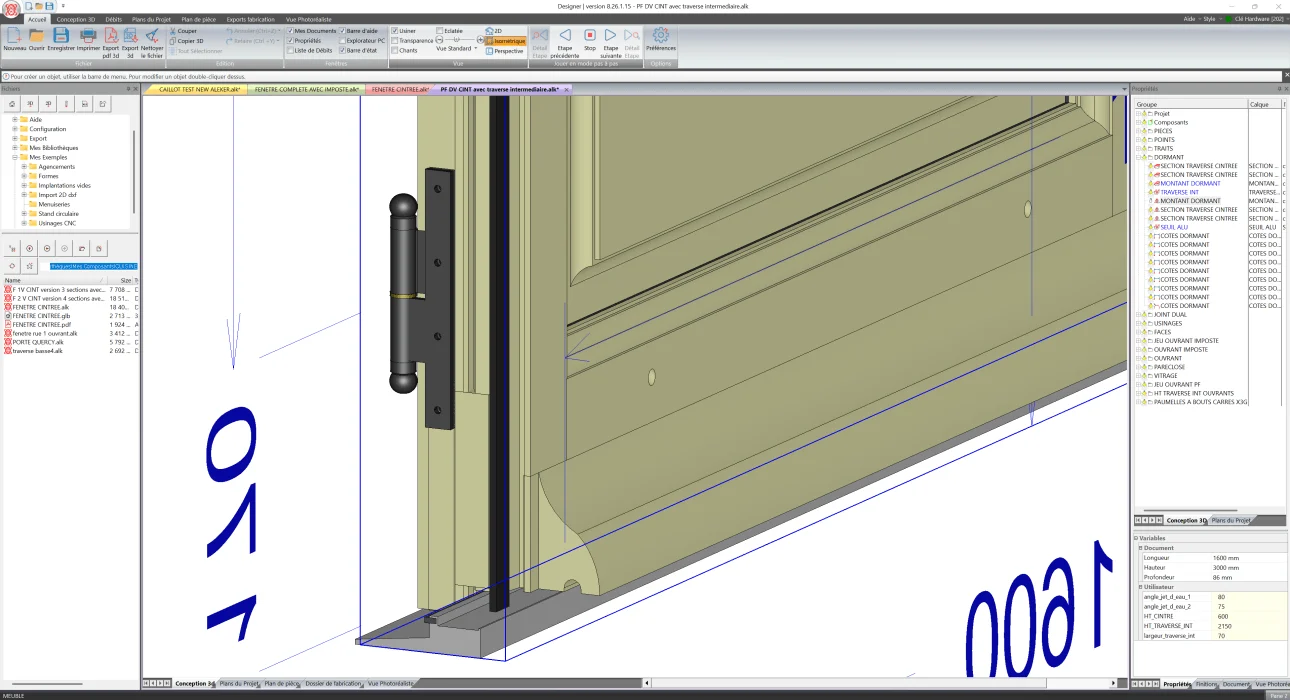 Show : 3D detail of an arched French window with hardware and assembly details