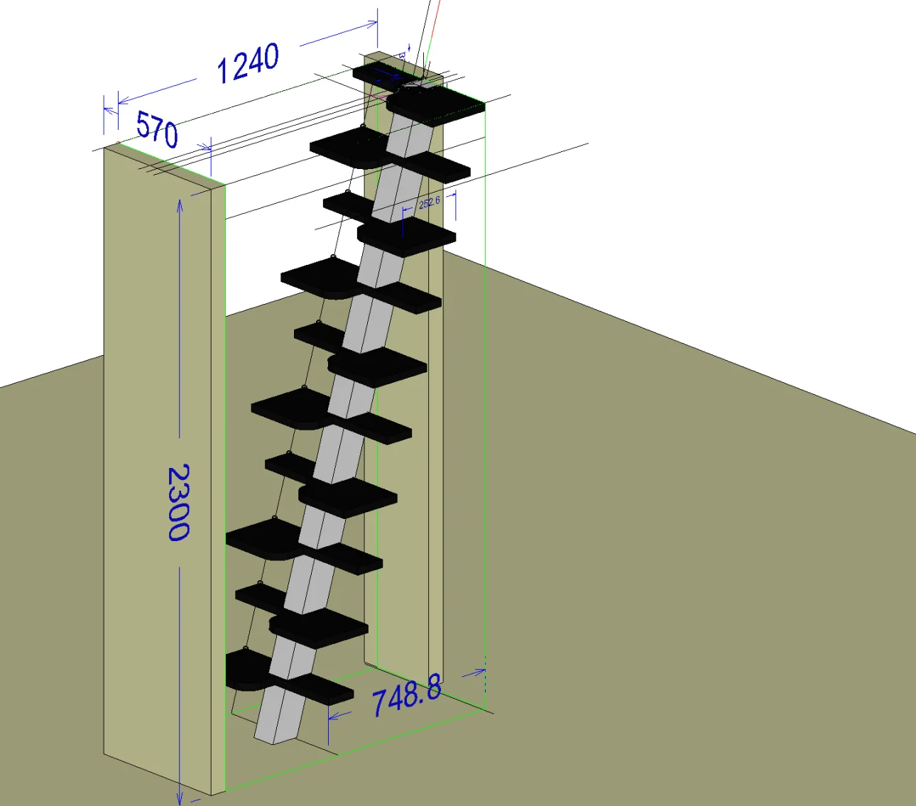 Show : Space-saving staircase with dimensioned 3D view
