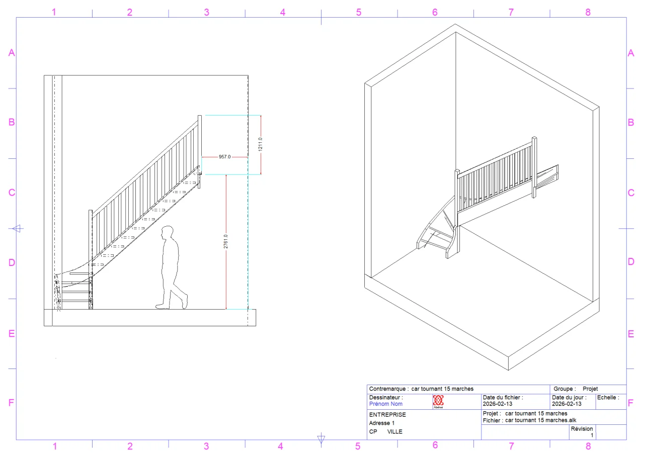 Show : Quarter-turn staircase drawing with 2D plan and 3D view