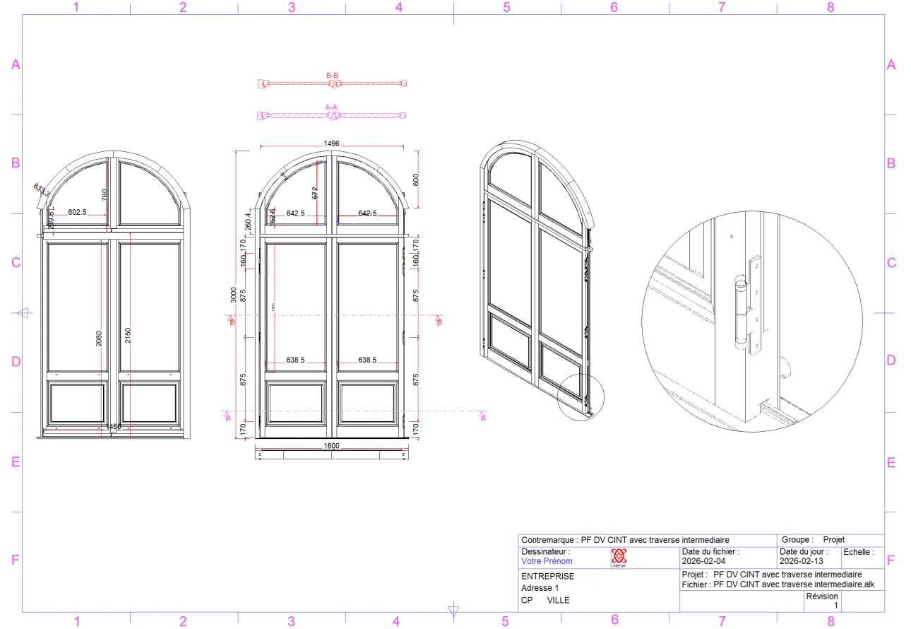 Show : Arched French window plan with dimensioned drawing and detail view