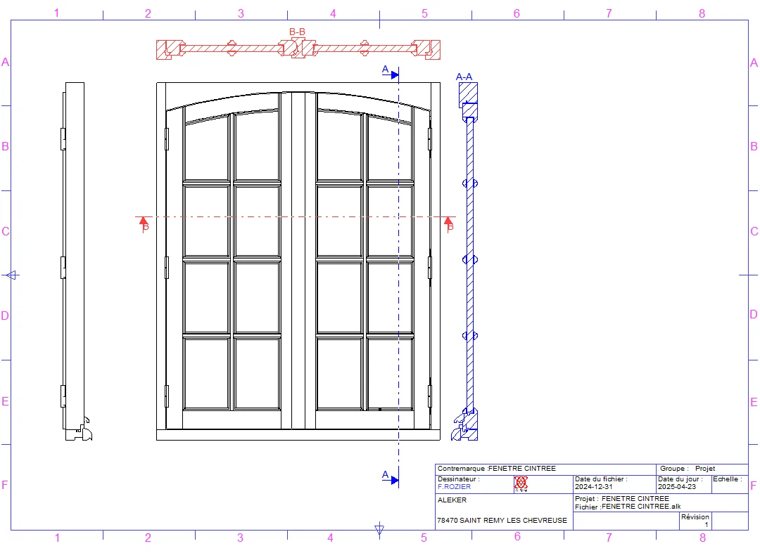 Show : Drawing of an arched solid-wood window