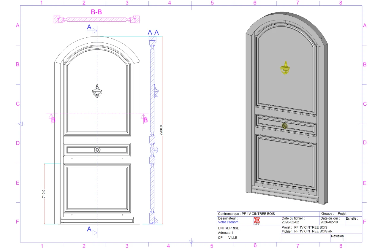 Show : Technical drawing of an arched wooden entrance door
