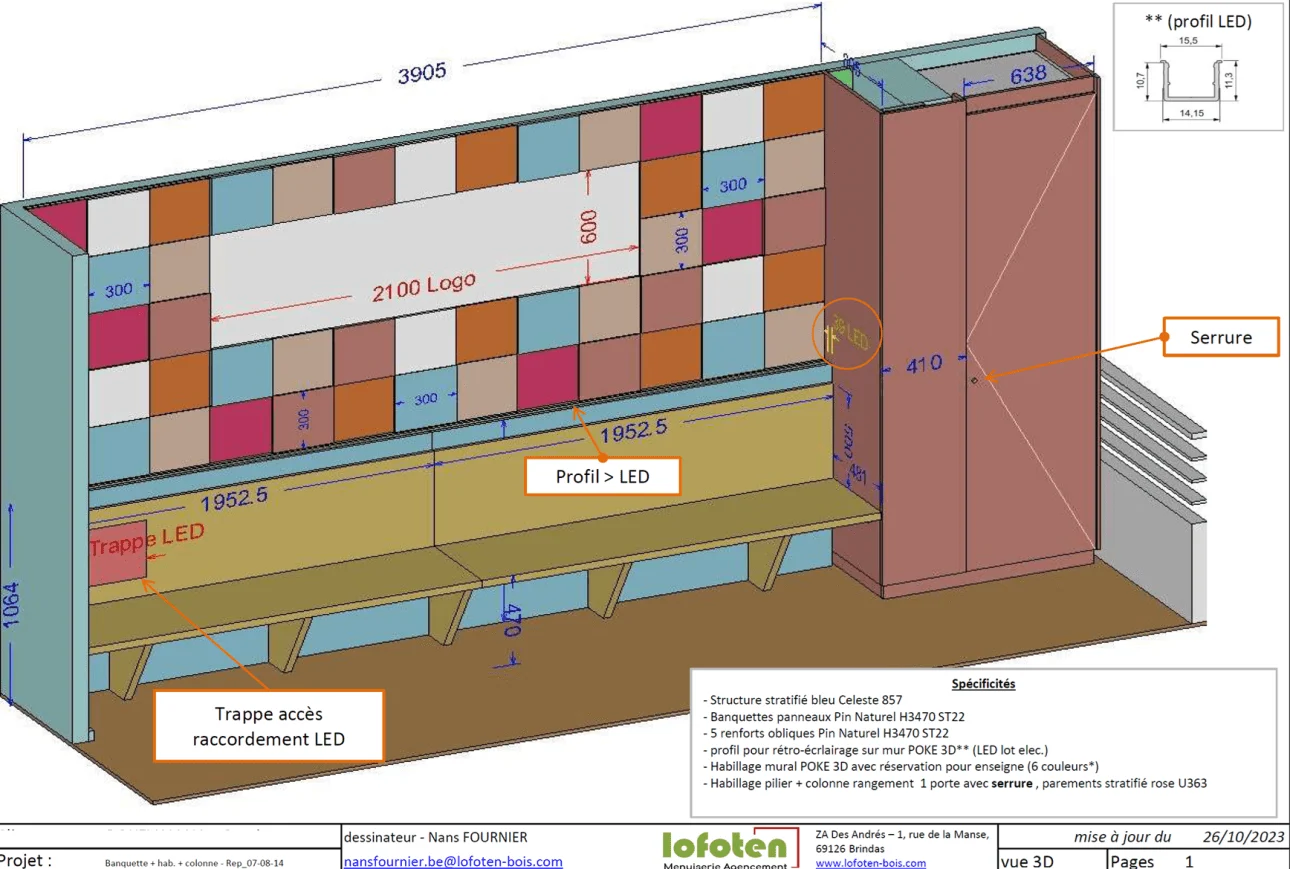 Wall fitting with integrated bench for a business interior: view 3d interior fitting avec des banc et cupboard 1