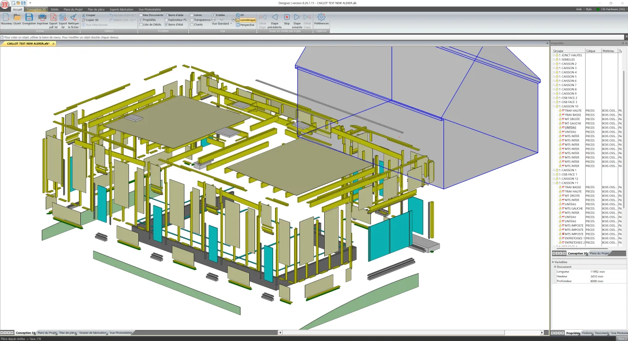 Show : Exploded 3D view of a timber-frame extension